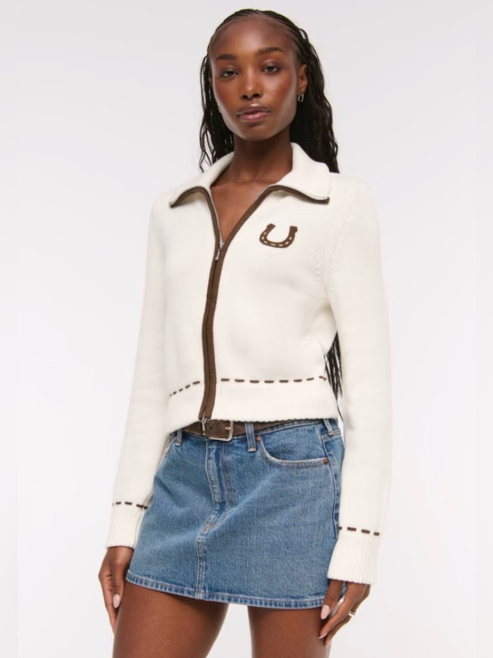 Abercrombie & Fitch Double Zipper Western Cream & Brown Cardigan, Size Medium